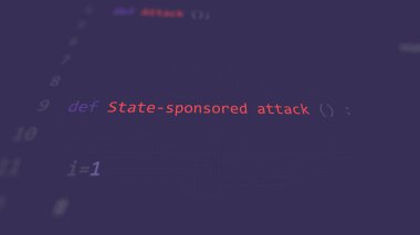 Siber saldırı eyaleti destekli saldırı metni ön planda, klavyedeki isimsiz bir hacker 'ın elleri. Gayri resmi sistem tarzında incinebilirlik metni, düzenleyici ekranında kod, İngilizce dil, İngilizce metin