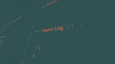 Ön planda siber saldırı metni kurcalama, klavyedeki isimsiz bir hacker 'ın elleri. Gayri resmi sistem tarzında incinebilirlik metni, düzenleyici ekranında kod, İngilizce dil, İngilizce metin