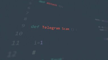 Siber saldırı telgraf dolandırıcılığı mesajı ön planda. Klavyedeki isimsiz bir hacker 'ın elleri. Gayri resmi sistem tarzında incinebilirlik metni, düzenleyici ekranında kod, İngilizce dil, İngilizce metin