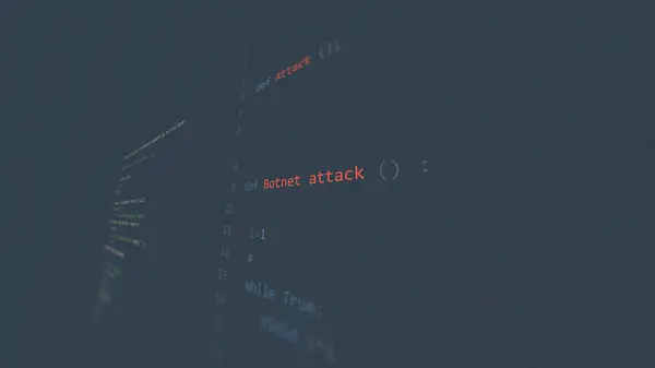 stock image Cyber attack botnet attack text in foreground screen, hands of a anonymous hacker on a led keyboard. Vulnerability text in informatic system style, code on editor screen.,English language,text in English