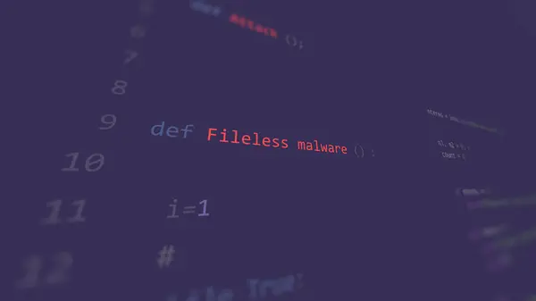 Stock image Cyber attack fileless malware text in foreground screen, hands of a anonymous hacker on a led keyboard. Vulnerability text in informatic system style, code on editor screen.,English language,text in English