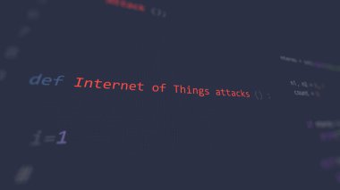 Nesnelerin siber saldırı interneti ön plandaki metne saldırıyor. Öndeki klavyedeki isimsiz bir hacker 'ın elleri. Gayri resmi sistem tarzında incinebilirlik metni, düzenleyici ekranında kod, İngilizce dil, İngilizce metin