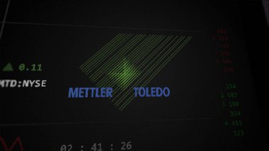19 Mart 2024. Bir değiş tokuş ekranında Mettler Toledo 'nun logosu. Mondelez Uluslararası Fiyat Hisseleri, bir cihaza $MTD.