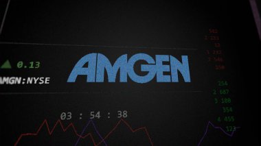 09 Nisan 2024, Thousand Oaks, Kaliforniya. Bir değiş tokuş ekranında Amgen 'in logosuna yaklaş. Amgen fiyat hisseleri, bir aygıt üzerinde AMGN $.
