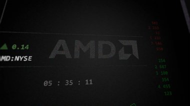 29 Nisan 2024, Santa Clara, Kaliforniya. Değiş tokuş ekranındaki AMD logosuna yaklaş. AMD hisse senetleri, cihaz için AMD $.