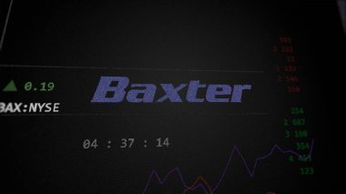 29 Nisan 2024, Deerfield, Illinois. Baxter International 'ın logosuna yakın çekim bir değiş tokuş ekranında. Baxter Uluslararası Fiyat Hisseleri, cihaza BAX $.