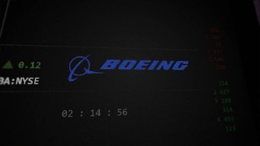 29 Nisan 2024, Chicago, Illinois. Değiş tokuş ekranındaki Boeing logosuna yaklaş. Boeing fiyat hisseleri, bir cihaza BA dolar..