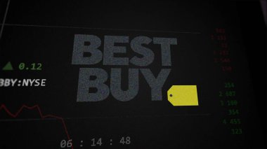 09 Nisan 2024, Richfield, Minnesota. Best Buy 'ın logosunu bir değiş tokuş ekranında kapat. Best Buy hisse senetleri, bir cihazda BBY $.