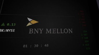 09 Nisan 2024, New York, New York. Değiş tokuş ekranındaki BNY Mellon logosuna yaklaş. BNY Mellon fiyat hisseleri, bir aygıt için BK $.