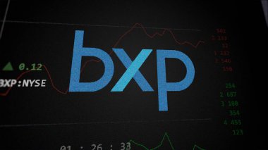 09 Nisan 2024, Boston, Massachusetts. Bir değiş tokuş ekranındaki Boston Emlak logosuna yaklaş. Boston Emlak fiyatları hisse senetleri, cihaza BXP $.