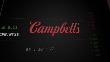 April 09th 2024 , Camden, New Jersey. Close up on logo of Campbell Soup Company on the screen of an exchange. Campbell Soup Company price stocks, $CPB on a device. clipart