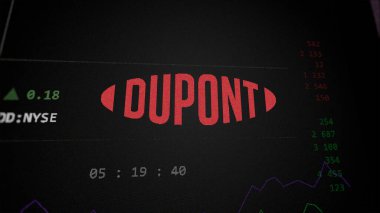 09 Nisan 2024, Wilmington, Delaware. Bir değiş tokuş ekranındaki DuPont logosuna yaklaş. DuPont hisse senetleri, cihaza DD $..