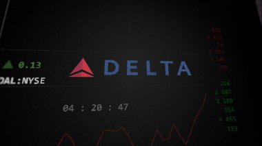 09 Nisan 2024, Atlanta, Georgia. Bir değiş tokuş ekranındaki Delta Hava Hatları logosuna yaklaş. Delta Hava Yolları hisse senedi fiyatları, bir aygıt üzerinde DAL $.