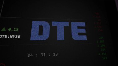 April 09th 2024 , Detroit, Michigan. Close up on logo of DTE Energy on the screen of an exchange. DTE Energy price stocks, $DTE on a device. clipart