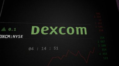 09 Nisan 2024, San Diego, Kaliforniya. Değiş tokuş ekranındaki Dexcom logosuna yaklaş. Dexcom fiyat hisseleri, bir aygıtta $DXCM.