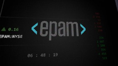 29 Nisan 2024, Newtown, Pennsylvania. Bir değiş tokuş ekranındaki EPAM Sistemlerinin logosuna yaklaş. EPAM Sistemleri hisse senetleri, EPAM $bir aygıt üzerinde.