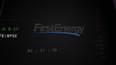 09 Nisan 2024, Akron, Ohio. Bir değiş tokuş ekranındaki FirstEnergy logosuna yaklaş. İlk Enerji Fiyat Hisseleri, Bir aygıta FE $.