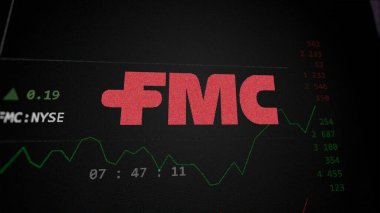 29 Nisan 2024, Philadelphia, Pennsylvania. Bir değiş tokuş ekranında FMC Şirketi 'nin logosuna yaklaş. FMC Şirketi hisse senetleri, bir cihazda FMC $.