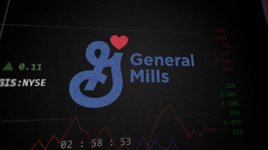 29 Nisan 2024, Golden Valley, Minnesota. General Mills 'in logosunu bir değiş tokuş ekranında kapatın. General Mills hisse senedi fiyatları, cihazda GIS $.