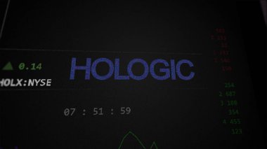 29 Nisan 2024, Marlborough, Massachusetts. Değiş tokuş ekranındaki Hologic logosuna yaklaş. Sanal fiyat hisseleri, cihaz için HOLX $.