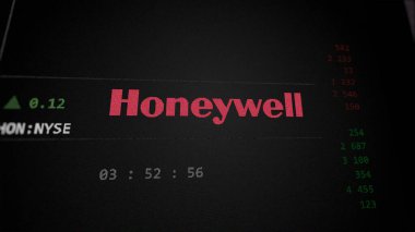 09 Nisan 2024, Charlotte, Kuzey Carolina. Bir değiş tokuş ekranındaki Honeywell logosuna yaklaş. Honeywell hisse senetleri, bir cihaz için HON $.