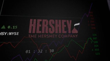 29 Nisan 2024, Hershey, Pennsylvania. Değiş tokuş ekranındaki Hershey 'in logosuna yaklaş. Hershey 'nin hisse senetleri, bir cihaza HSY $.