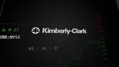 April 09th 2024 , Irving, Texas. Close up on logo of Kimberly-Clark on the screen of an exchange. Kimberly-Clark price stocks, $KMB on a device. clipart