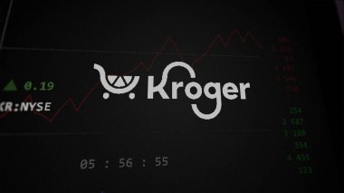 April 09th 2024 , Cincinnati, Ohio. Close up on logo of Kroger on the screen of an exchange. Kroger price stocks, $KR on a device. clipart