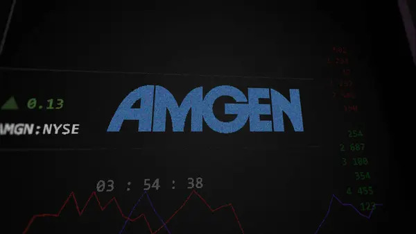 stock image April 09th 2024 , Thousand Oaks, California. Close up on logo of Amgen on the screen of an exchange. Amgen price stocks, $AMGN on a device.