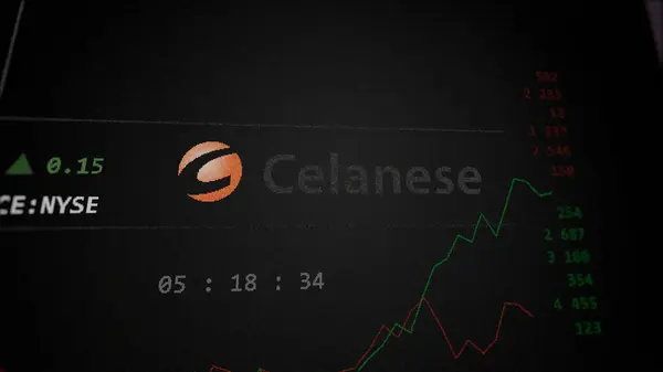 stock image April 09th 2024 , Irving, Texas. Close up on logo of Celanese on the screen of an exchange. Celanese price stocks, $CE on a device.