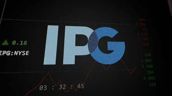stock image April 09th 2024 , New York City, New York. Close up on logo of Interpublic Group of Companies (The) on the screen of an exchange. Interpublic Group of Companies (The) price stocks, $IPG on a device.