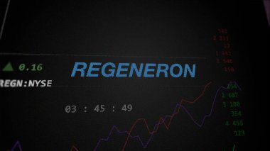 09 Nisan 2024, Tarrytown, New York. Değiş tokuş ekranındaki Regeneron logosuna yaklaş. Rejenere fiyat hisseleri, bir aygıt üzerinde REGN $.