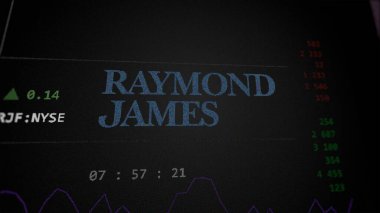 29 Nisan 2024, St. Petersburg, Florida. Bir değiş tokuş ekranında Raymond James 'in logosuna yaklaş. Raymond James hisse senedi fiyatları, bir cihazda RJF $.