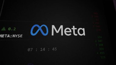 09 Nisan 2024, Menlo Park, Kaliforniya. Değiş tokuş ekranındaki Meta Platformlarının logosuna yaklaş. Meta Platformu fiyat hisseleri, bir aygıt üzerinde $META.
