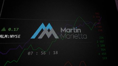 April 09th 2024 , Raleigh, North Carolina. Close up on logo of Martin Marietta Materials on the screen of an exchange. Martin Marietta Materials price stocks, $MLM on a device. clipart
