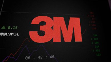 09 Nisan 2024, Saint Paul, Minnesota. Takas ekranındaki 3M logosuna yaklaş. 3 milyon dolarlık hisse senedi, bir cihazda $MMM.