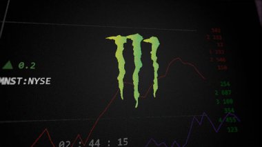 09 Nisan 2024, Corona, Kaliforniya. Değiş tokuş ekranındaki Canavar İçeceği logosuna yaklaş. Canavar Meşrubat fiyatları hisse senetleri, bir cihazda MNST $.