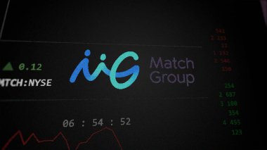 09 Nisan 2024, Dallas, Teksas. Bir takas ekranındaki Match Group logosuna yaklaş. Eşleştirme Grubu hisse senetleri, bir aygıtta $MTCH.