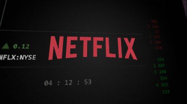 29 Nisan 2024, Los Gatos, Kaliforniya. Bir değiş tokuş ekranında Netflix 'in logosuna yaklaş. Netflix hisse senetleri, bir aygıtta NFLX $.