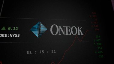 09 Nisan 2024, Tulsa, Oklahoma. Bir değiş tokuş ekranındaki ONEOK logosuna yaklaş. ONEOK fiyat hisseleri, bir aygıt üzerinde OKE $.
