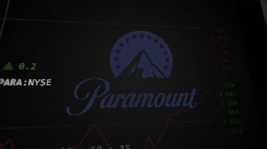 April 09th 2024 , New York City, New York. Close up on logo of Paramount Global on the screen of an exchange. Paramount Global price stocks, $PARA on a device. clipart