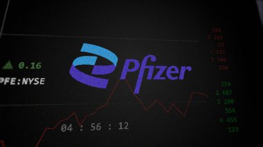 09 Nisan 2024, New York, New York. Bir değiş tokuş ekranında Pfizer 'ın logosuna yaklaş. Pfizer hisse senetleri, cihazda PFE $.