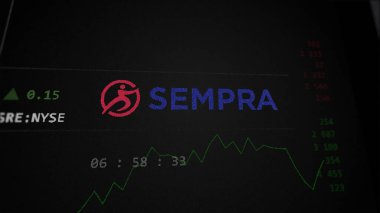 09 Nisan 2024, San Diego, Kaliforniya. Değiş tokuş ekranındaki Sempra Enerji logosuna yaklaş. Sempra Enerji Fiyat Hisseleri, Bir aygıta SRE $.