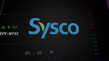09 Nisan 2024, Houston, Teksas. Değiş tokuş ekranındaki Sysco logosuna yaklaş. Sysco fiyat hisseleri, bir aygıt üzerinde SYY $.