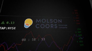 April 09th 2024 , Chicago, Illinois. Close up on logo of Molson Coors Beverage Company on the screen of an exchange. Molson Coors Beverage Company price stocks, $TAP on a device. clipart