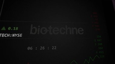 09 Nisan 2024, Minneapolis, Minnesota. Bir değiş tokuş ekranındaki Bio-Techne logosuna yaklaş. Bio-Techne hisse senetleri, bir cihaza TECH $.
