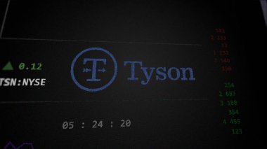 29 Nisan 2024, Springdale, Arkansas. Bir değiş tokuş ekranındaki Tyson Gıda logosuna yaklaş. Tyson Gıda hisse senedi fiyatları, bir cihazda TSN $.