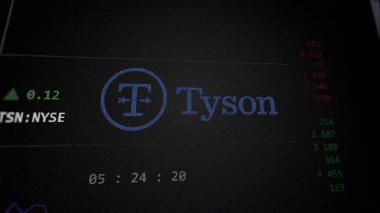 April 09th 2024 , Springdale, Arkansas. Close up on logo of Tyson Foods on the screen of an exchange. Tyson Foods price stocks, $TSN on a device. clipart