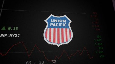 09 Nisan 2024, Omaha, Nebraska. Union Pacific Şirketi 'nin logosuna yakın çekim bir değiş tokuş ekranında. Union Pacific Şirketi hisse senetleri, bir cihaza UNP $.