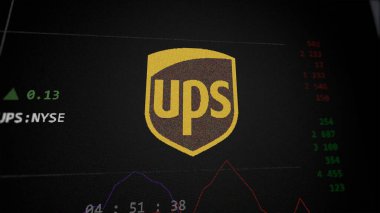09 Nisan 2024, Sandy Springs, Georgia. Bir değiş tokuş ekranındaki Birleşik Paket Servisinin logosuna yaklaş. Birleşik Paket Servis fiyat hisseleri, bir aygıt üzerinde $UPS.